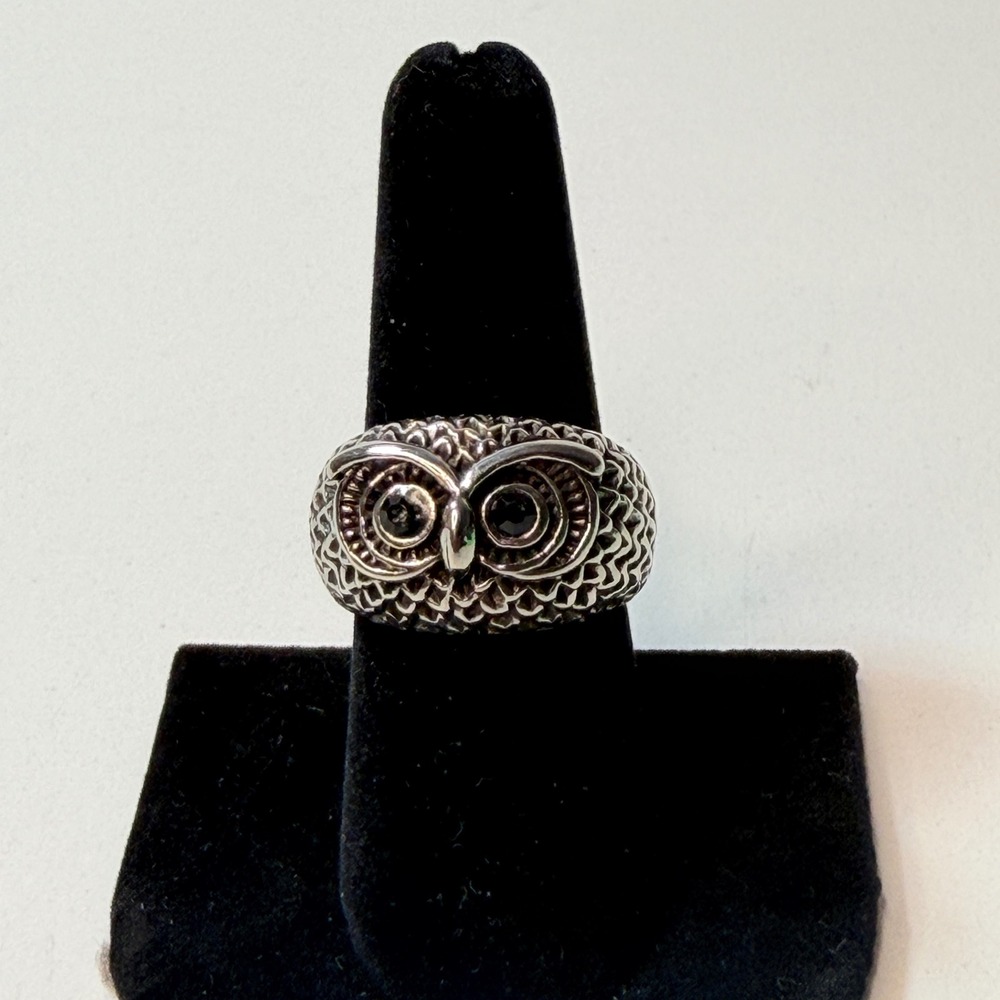 Stainless Steel Owl Face Statement Ring Silver Tone‎ Black Eyes Size 8